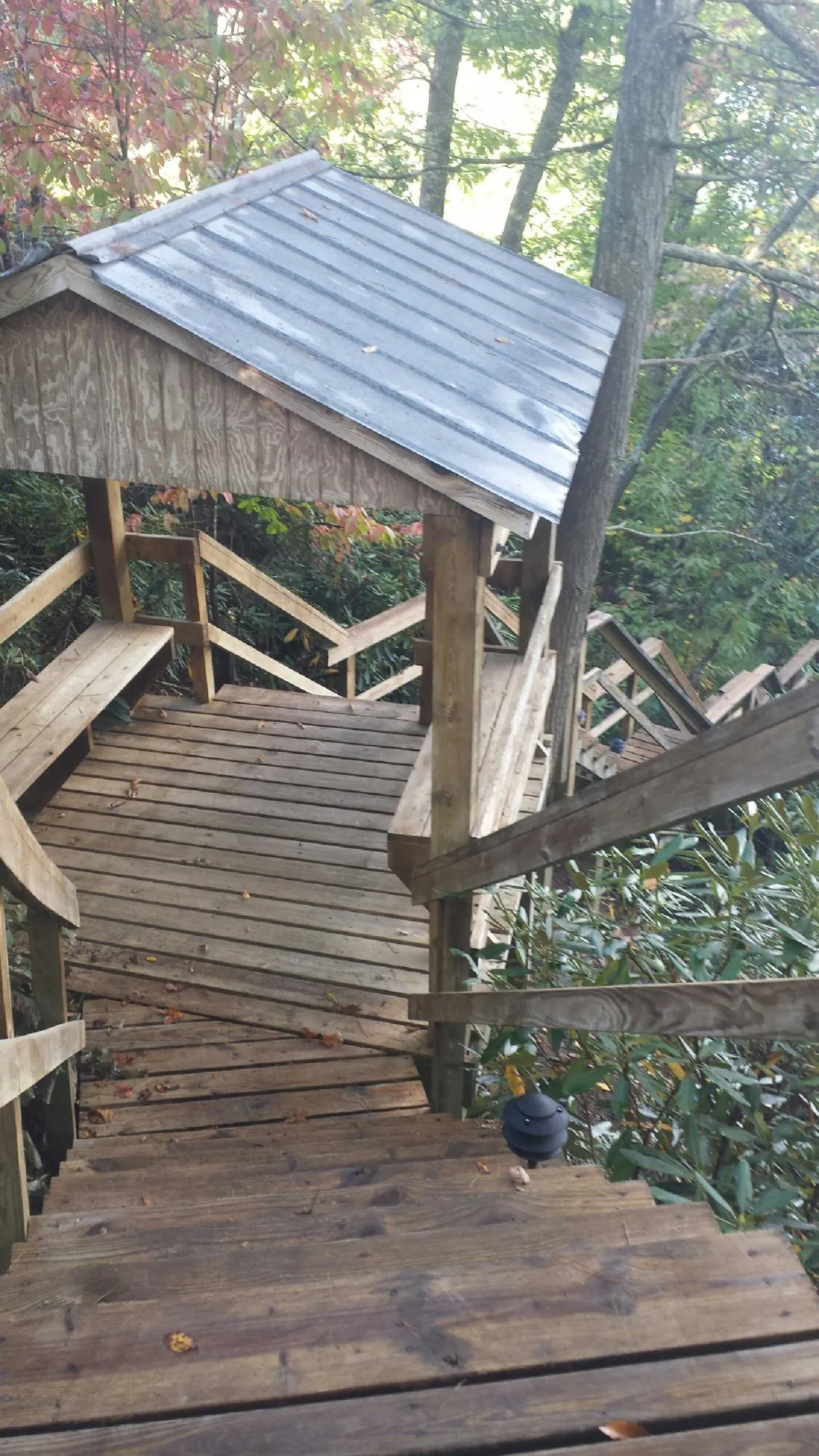 Metal roofed shelter over wooden steps on a wooded walkway — Skylight Repair & Installation work by our crew in New Ross